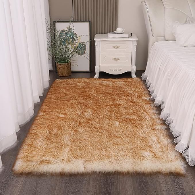 Fluffy Faux Fur Rug White Yellow Sheepskin Area Rug, 4x6 Ft Ultra Soft Shaggy - Image 5