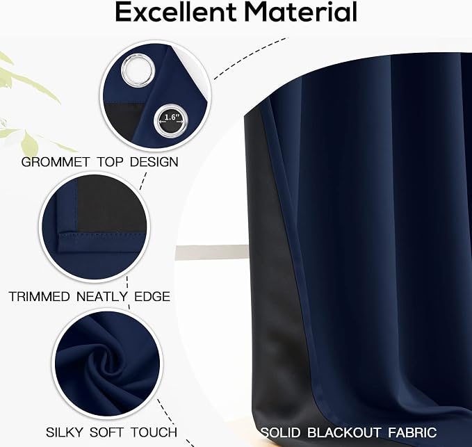 Yakamok Navy Blue Curtains 100% Blackout Curtains - Image 4