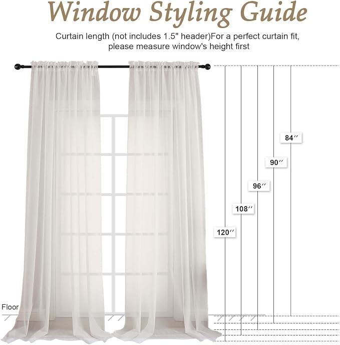 OVZME Ivory Sheer Curtains 108 Inches Long 2 Panels Set, Extra Wide Solid - Image 2