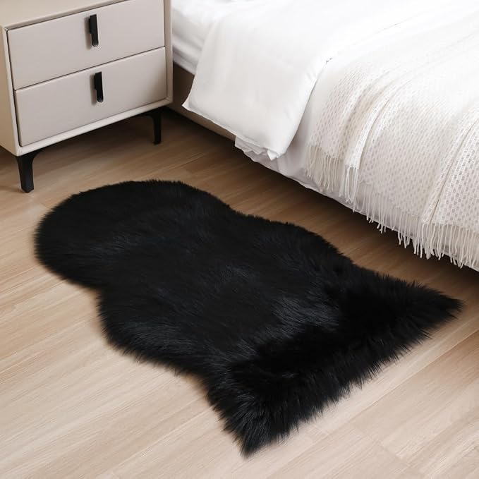 Faux Fur Small Rug 2 x 3 ft Black Shaggy Sheepskin Machine Washable Fuzzy Area - Image 2