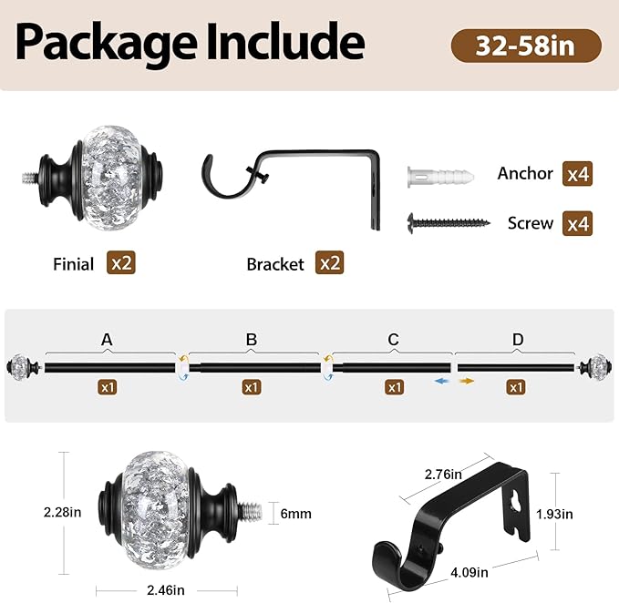 Black Curtain Rods 32 to 58 Inches, USFOOK 7/8 Inch Telescoping Splicing - Image 8