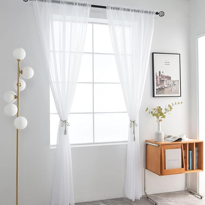 SpaceDresser Sheer White Curtains 4 Panels Rod Pocket Semi-Sheer Curtain 108 - Image 3