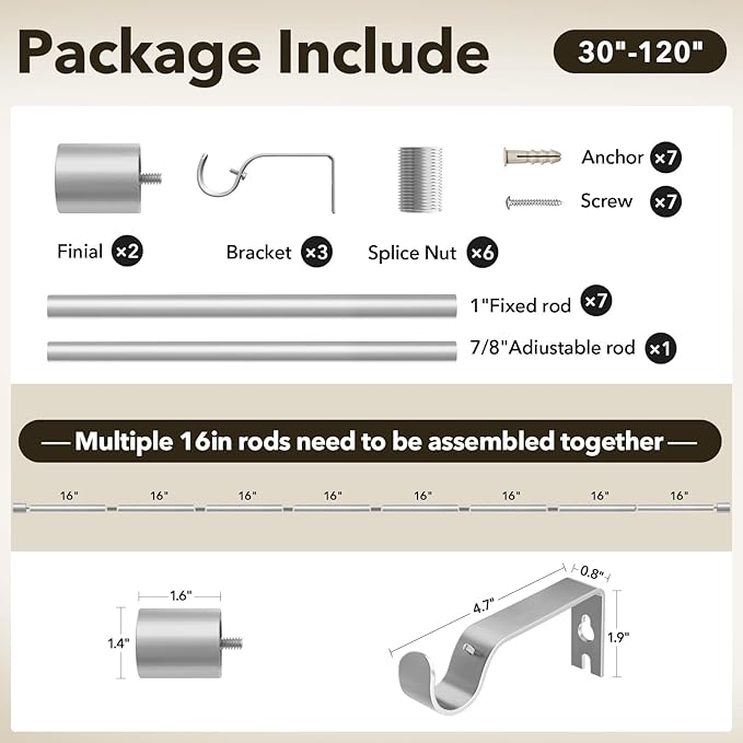 IFELS Heavy Duty Curtain Rods for Windows 66 to 120 Inch, 1 Inch Silver Curtain - Image 6