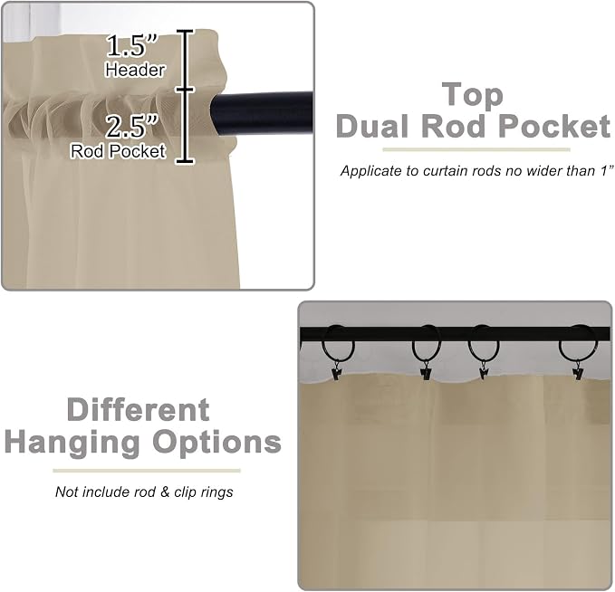 Sheer Taupe Curtains for Bedroom Living Room 54 Inch Length 2 Panels Set - Image 4