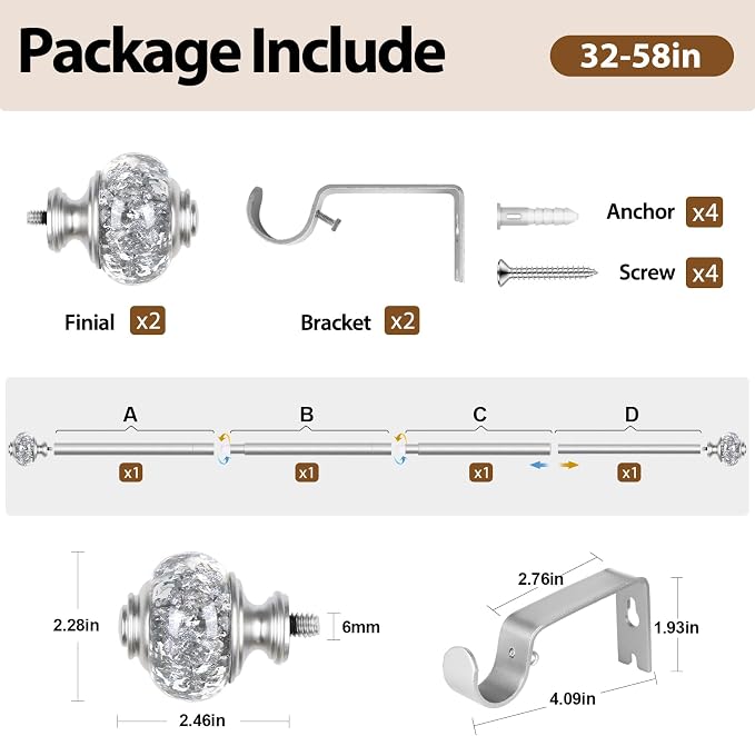 USFOOK Silver Curtain Rod, 7/8 Inch Curtain Rods - Image 8