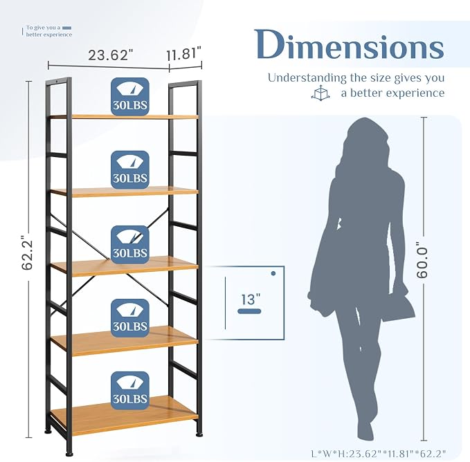 DUMOS 5 Tiers Bookshelf, Classical Book Shelf, Tall Display Shelves in Living - Image 3