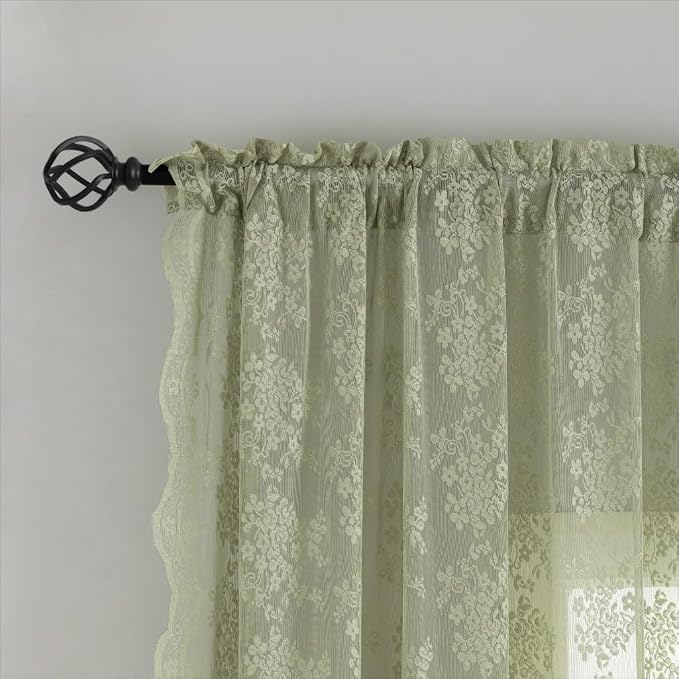 YJ YANJUN Vintage Lace Curtains 96 Inches Long- Victorian Floral Boho Green - Image 3
