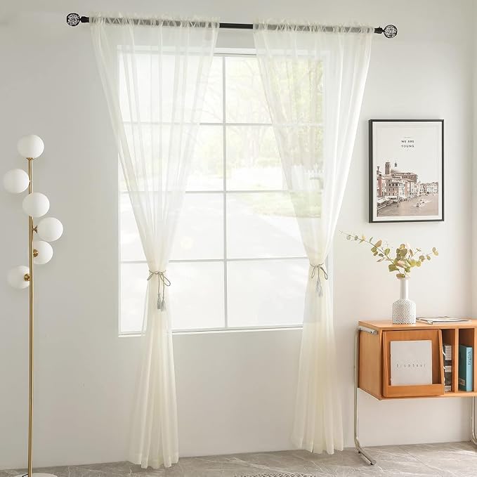 youleyar Solid Sheer Rod Pocket Curtain Voile Draperies 2 Panels Ivory Beige - Image 2