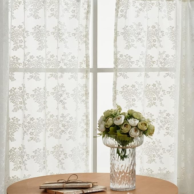 YJ YANJUN Vintage Lace Curtains Short 2 Panels Victorian Floral Farmhouse Cafe - Image 2