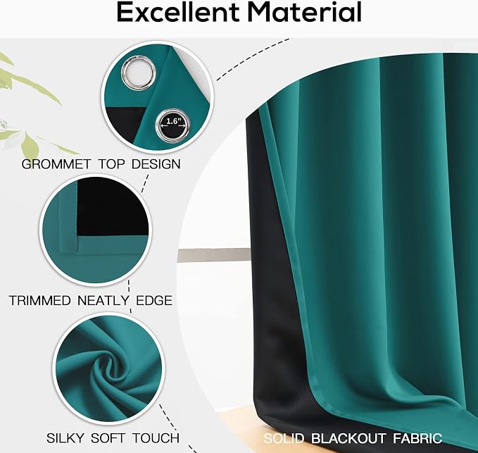 Yakamok 100% Blackout Curtains for Bedroom 63 Inch Length, Teal Total Light - Image 4