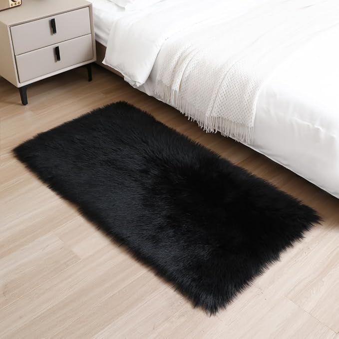 Fluffy Faux Fur Rug Black Sheepskin Area Rug, 2x4 Ft Ultra Soft Shaggy Plush Rug - Image 9