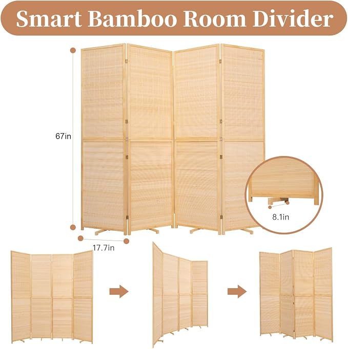 Room Divider Folding Privacy Screens, Hand-Made 67'' High Bamboo Room Dividers - Image 5