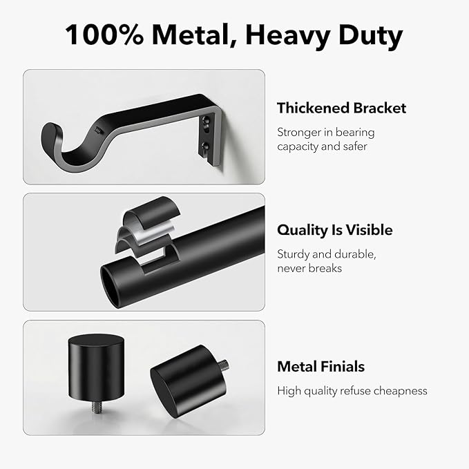IFELS Heavy Duty Curtain Rods for Windows 66 to 120 Inch, 1 Inch Black Curtain - Image 4