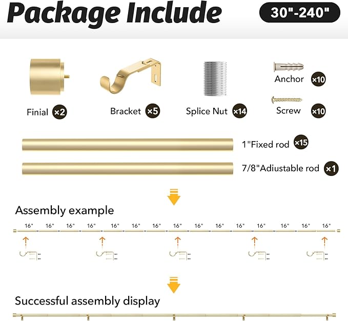 GEEBOBO Gold Curtain Rods for Windows 120 to 240 Inch, 1 Inch Extra Long Heavy - Image 6