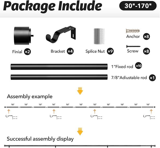 GEEBOBO Black Curtain Rods for Windows 120 to 170 Inch, 1 Inch Extra Long Heavy - Image 6