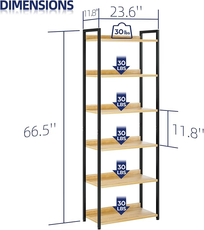 NUMENN Bookshelf, 6 Tier Bookshelves, Home Office Bookcase Shelf Storage - Image 3