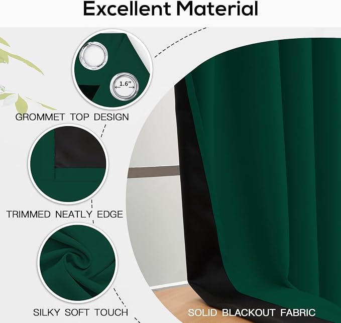 Yakamok 100% Blackout Curtains for Bedroom 72 Inch Length, Emerald Green Total - Image 4