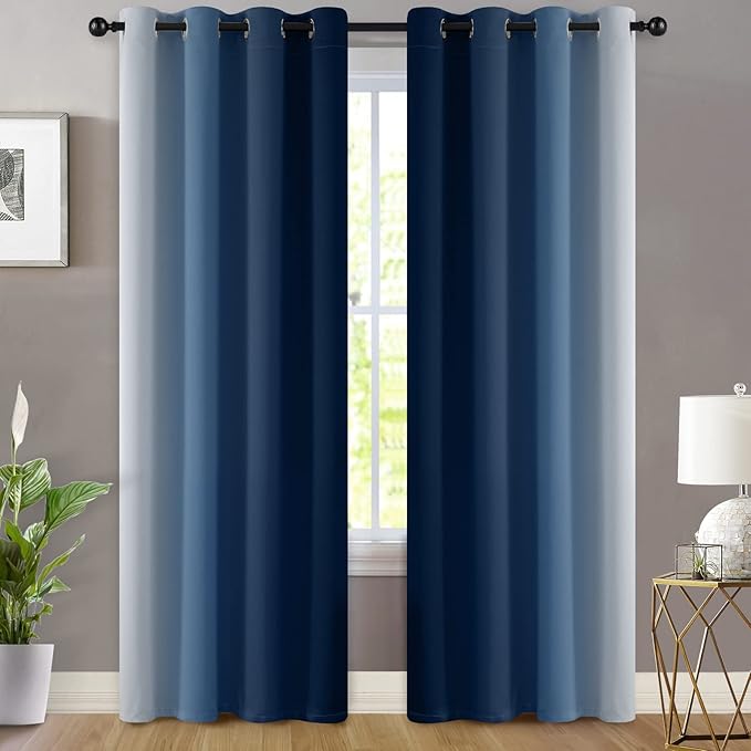 Yakamok Blue and Greyish White Ombre Curtains, Room Darkening Gradient Color - Image 2