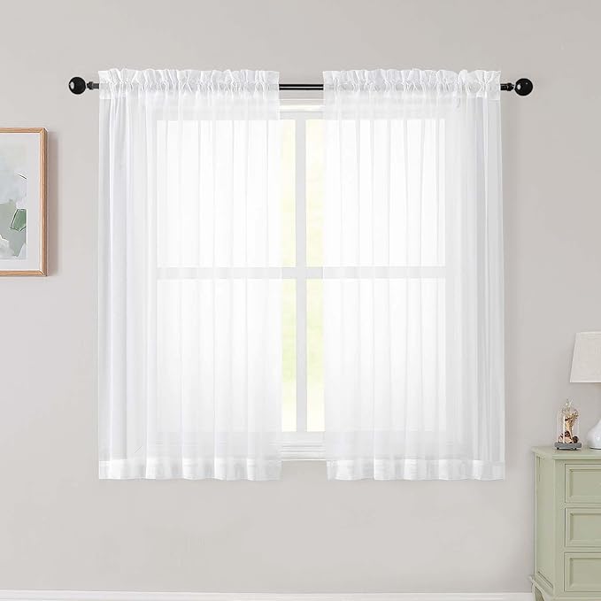 White Sheer Curtains for Bedroom Living Room 45 Inch Length 2 Panels, Soft Airy by WelvetBLK