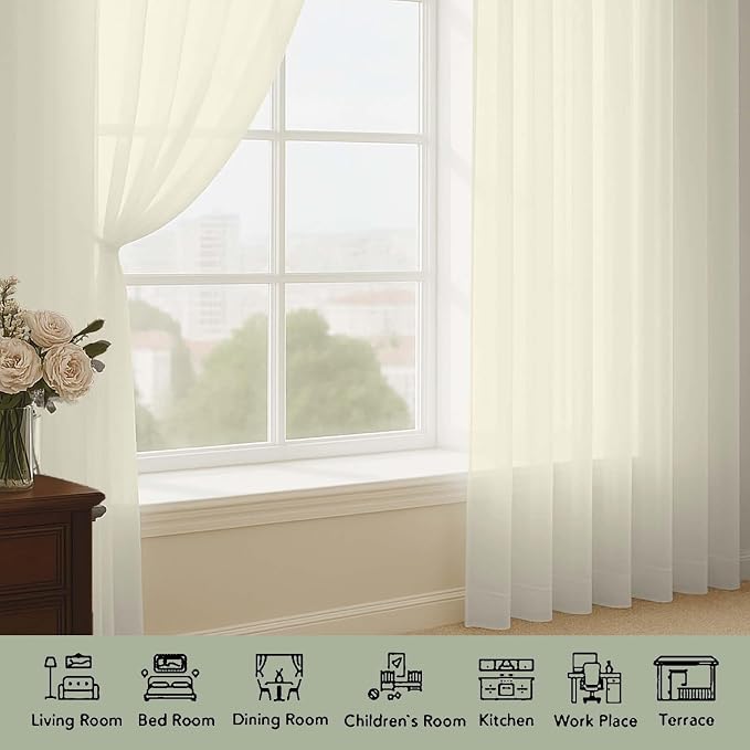 OWENIE Extra Long Cream Sheer Curtains 96 Inches Long 2 Panels Set, Soft - Image 3
