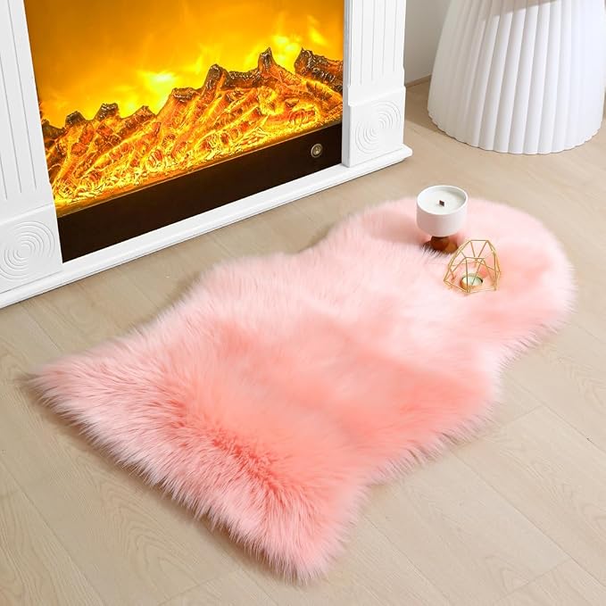Faux Fur Small Rug 2 x 3 ft Pink Shaggy Sheepskin Machine Washable Fuzzy Area by CKLZSAY