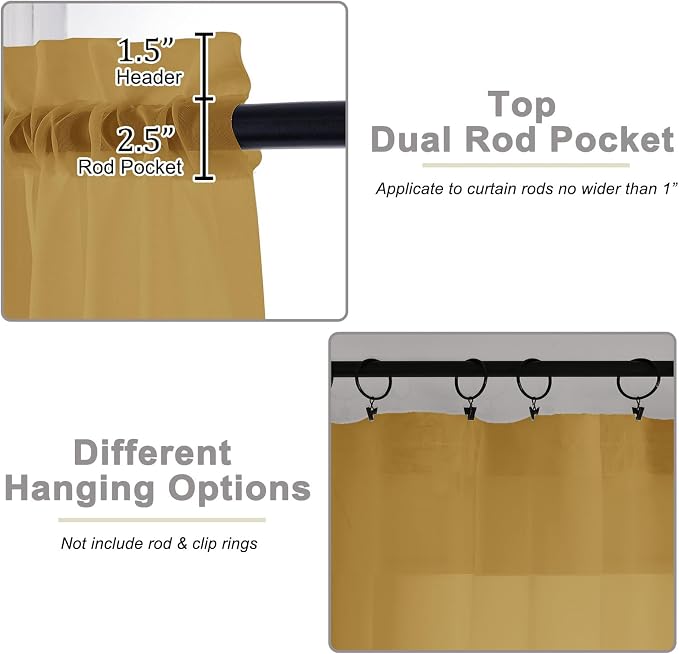 Gold Kitchen Curtains 30 Inch Length Tier 2 PCS, Solid Soft Airy Half Curtains - Image 4