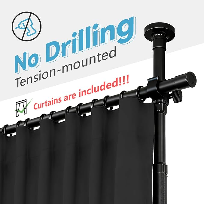 Jilron No-Drill Room Divider Curtain Set: Includes 106" W x 84" L Black Curtain - Image 2