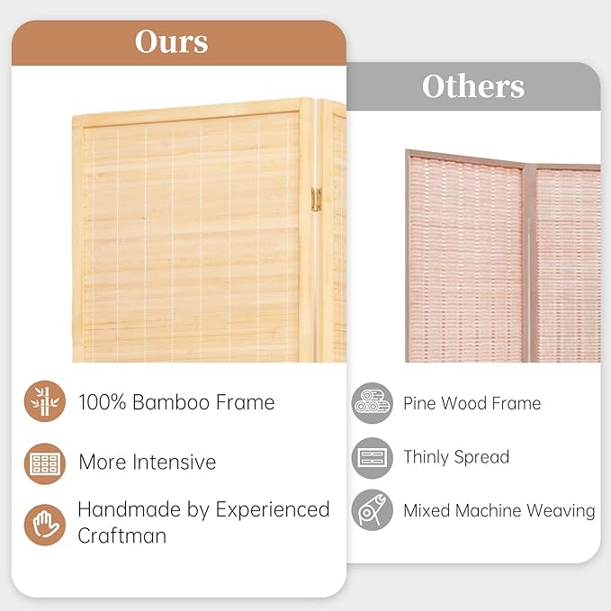 Room Divider Folding Privacy Screens, Hand-Made 67'' High Bamboo Room Dividers - Image 2