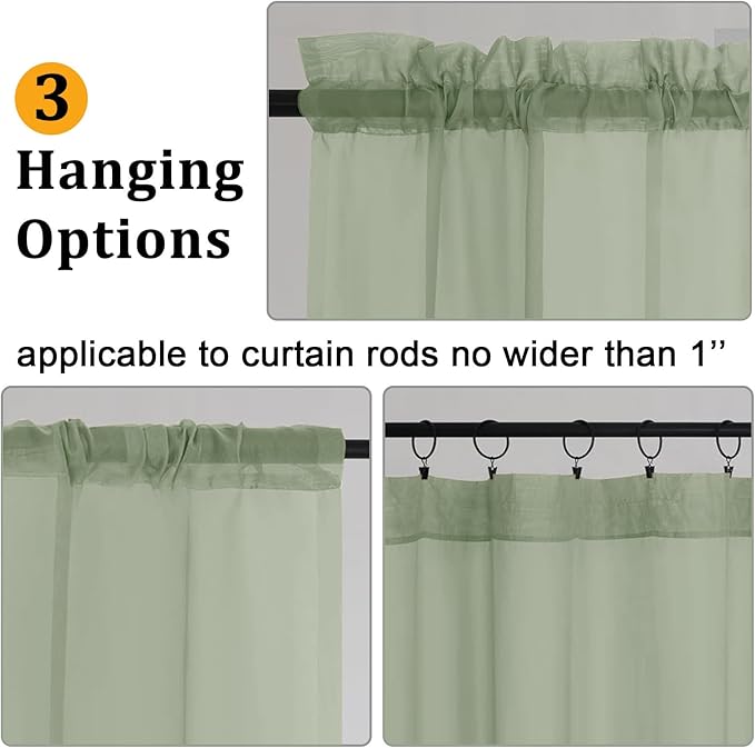 Gwine Sage Green Sheer Kitchen Curtains 36 Inch Length, Light Filtering Voile - Image 3