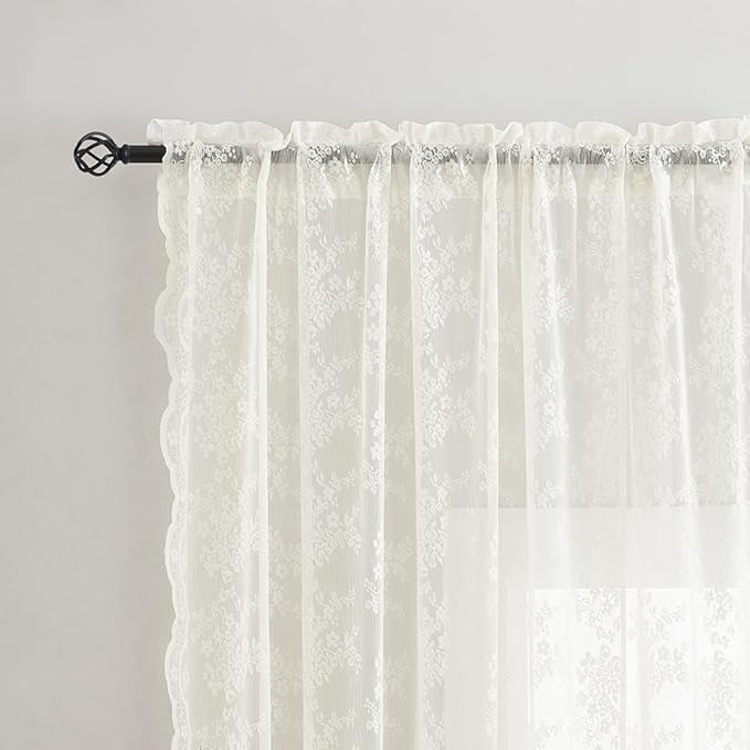 YJ YANJUN Vintage Lace Curtains 45 Inch Length- Victorian Country Floral Short - Image 2