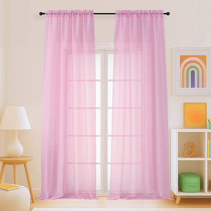 Light Pink Sheer Curtains for Window 96 Inches Long 2 Panels, Soft Airy Light by Home