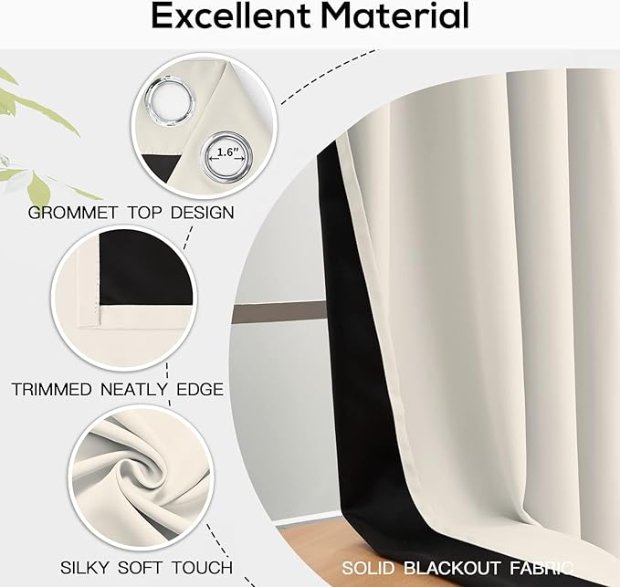 Yakamok 100% Blackout Curtains for Bedroom 45 Inch Length, Cream Total Light - Image 4