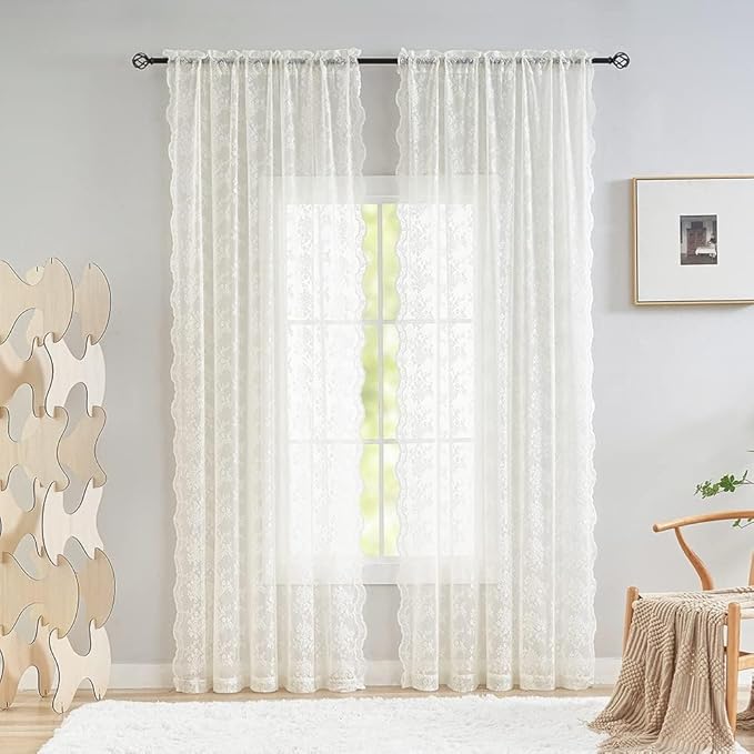 YJ YANJUN Vintage Lace Curtains 92 Inches Long-Victorian Floral Pattern Ivory by YJYANJUN