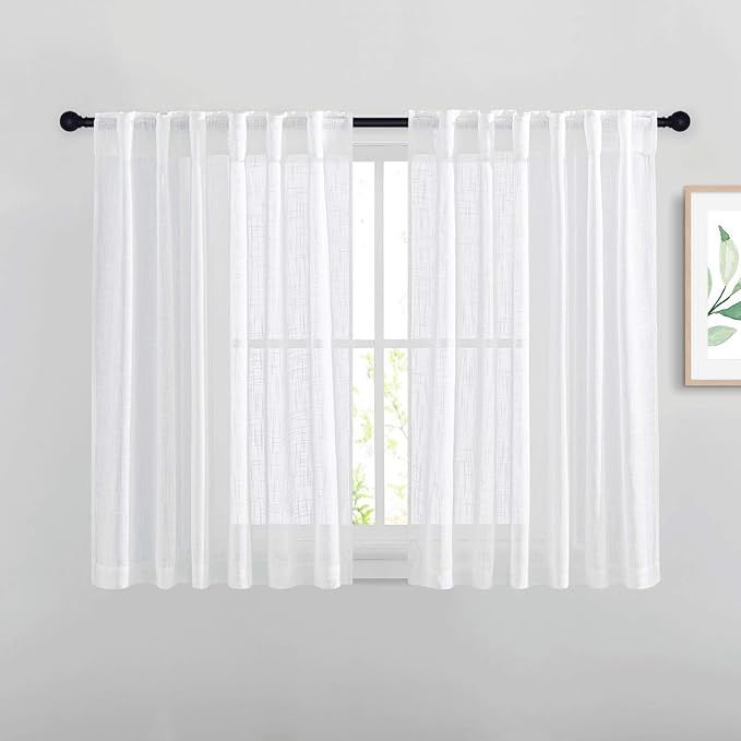 NICETOWN White Short Sheer Kitchen Curtains 45 inches Length, Linen Look Rod by NICETOWN