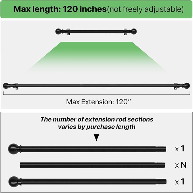 Black Curtain Rods for Windows 66 to 120, Long Curtain Rod for Outdoor Patio - Image 4