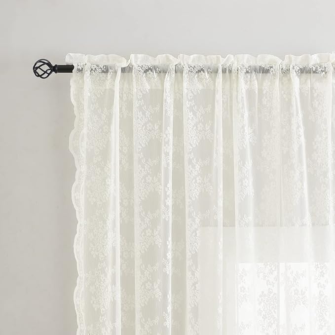 YJ YANJUN Vintage Lace Curtains 54 Inch Length- Victorian Floral Pattern Ivory - Image 2