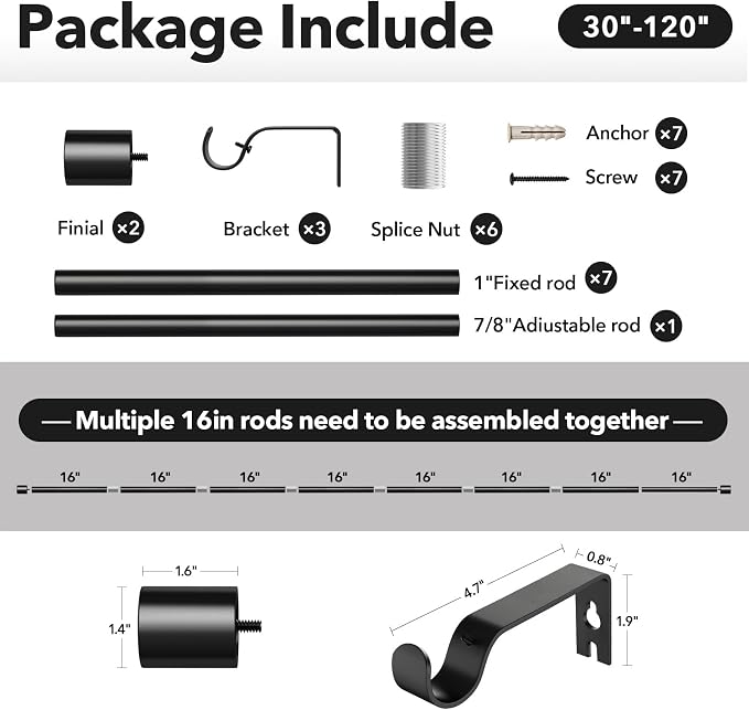 IFELS Heavy Duty Curtain Rods for Windows 66 to 120 Inch, 1 Inch Black Curtain - Image 6