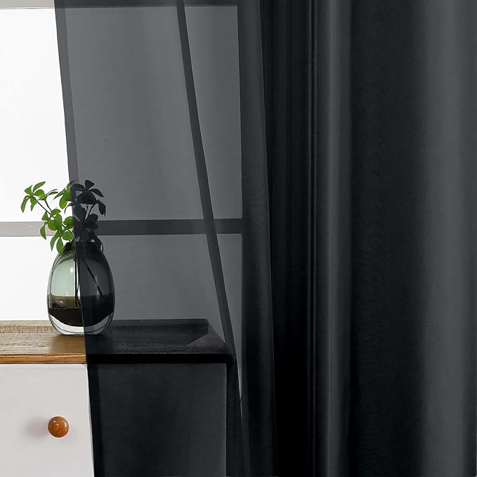 Black Valances for Windows 14 inch Length 2 Panels Set, Small Voile Sheer - Image 4