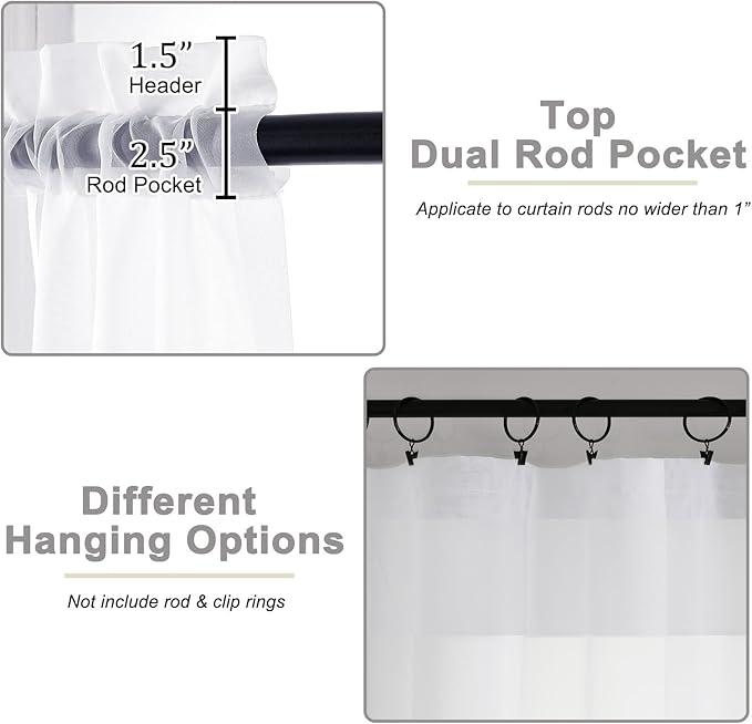 White Sheer Curtains 63 Inch Length 2 Panels Set - Image 4