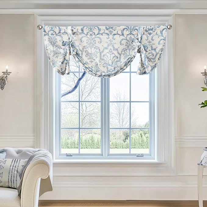 jinchan Linen Tie Up Valance for Flax Floral Drapes Vintage Farmhouse Medallion - Image 2