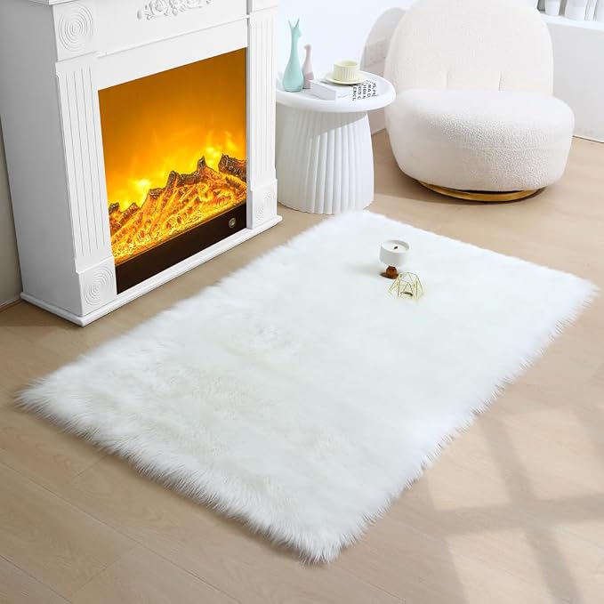 Fluffy Faux Fur Rug White Sheepskin Area Rug, 3x5 Ft Ultra Soft Shaggy Plush Rug by CKLZSAY