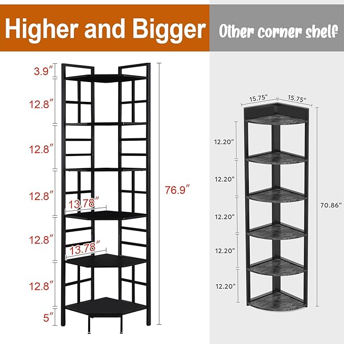 HOMISSUE Corner Shelf, 6 Tier Tall Narrow Bookshelf 76.9", Industrial Corner - Image 2