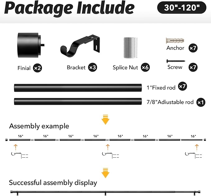 GEEBOBO Black Curtain Rods for Windows 66 to 120 Inch, 1 Inch Adjustable Heavy - Image 6