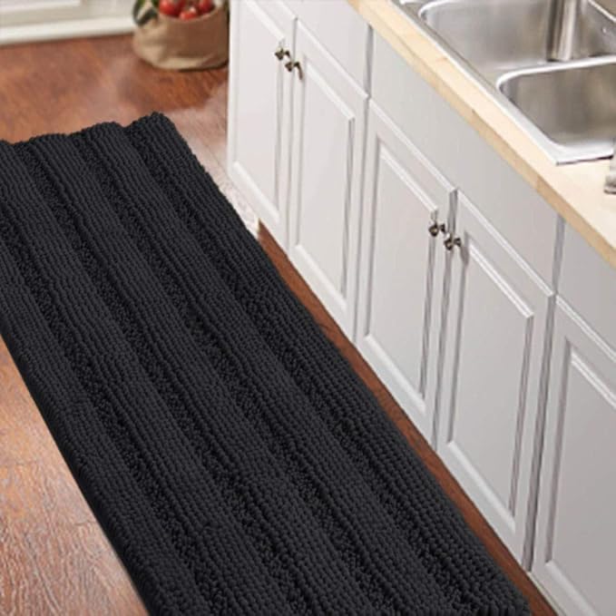 Turquoize Luxurious Non-Slip Shaggy Chenille Kitchen Runner Black Kitchen Rug by Turquoize