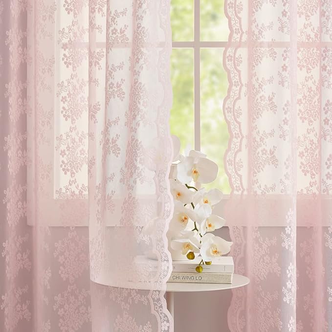 YJ YANJUN Vintage Lace Curtains 63 Inches Length- Cute Sheer Pink Curtains - Image 2