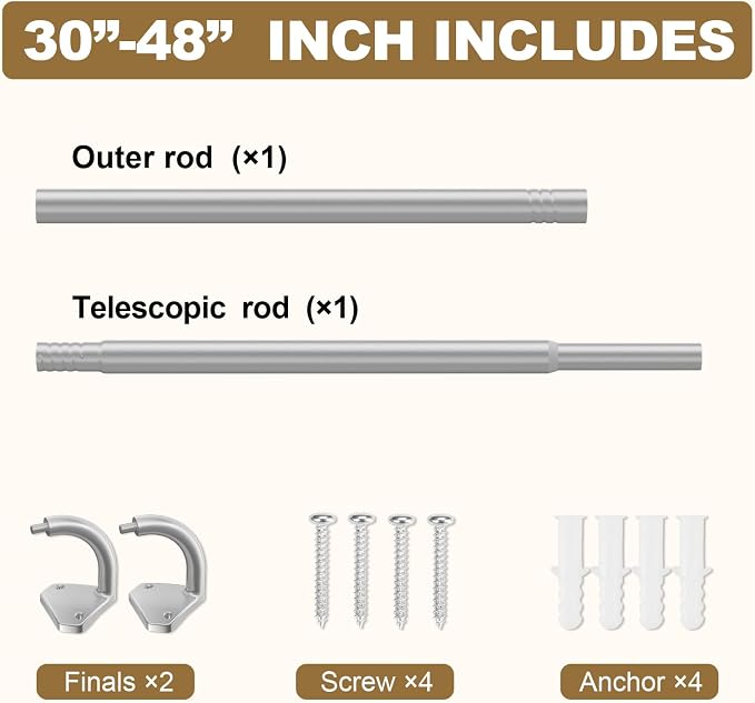 GXOACKJ Silver Curtain Rods for Windows 28 to 48 inch, 5/8 inch Adjustable Wrap - Image 5
