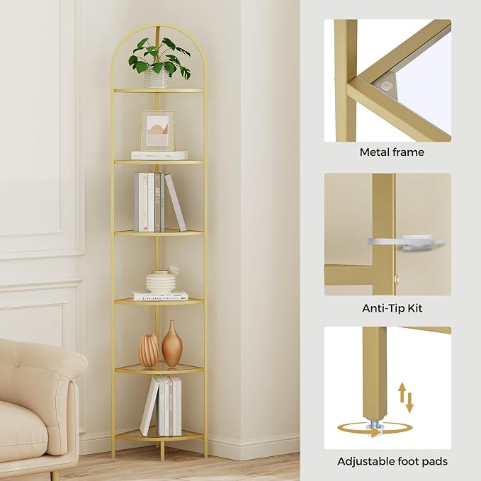 Homhedy 6-Tier Corner Shelf Stand, Metal Corner Bookshelf, Tempered Glass - Image 5