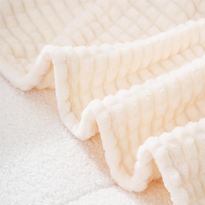Puncuntex Flannel Fleece Throw Blanket Cream White 90"×90", Super Soft Plush - Image 4