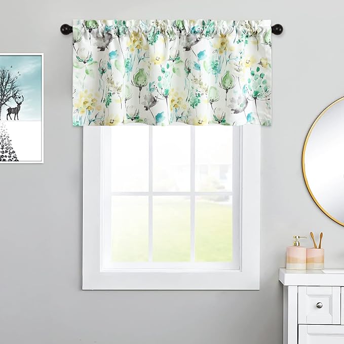 Leeva Bedroom Curtain Valance, Watercolor Flower Printed Decorative Solid - Image 2