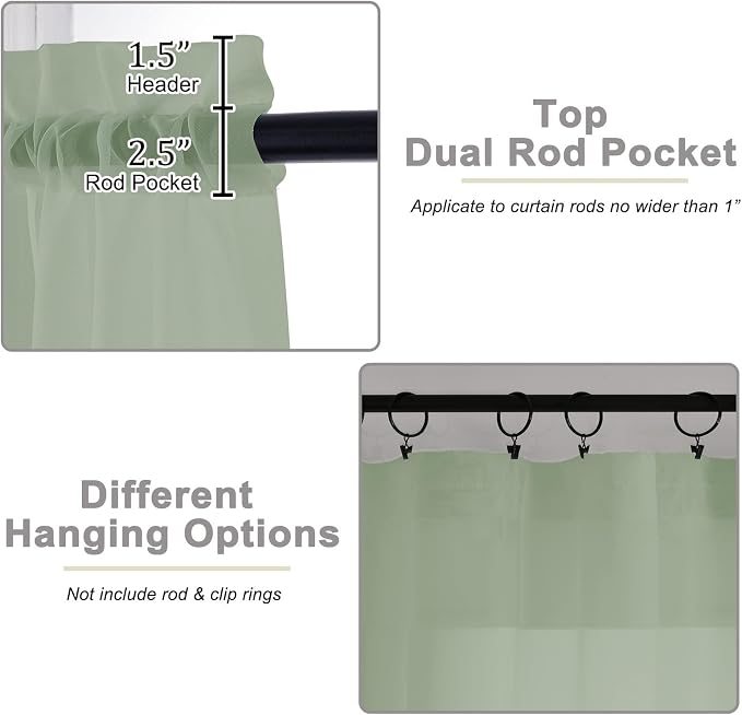 Sheer Sage Green Curtains for Bedroom Living Room 54 Inch Length 2 Panels Set - Image 4